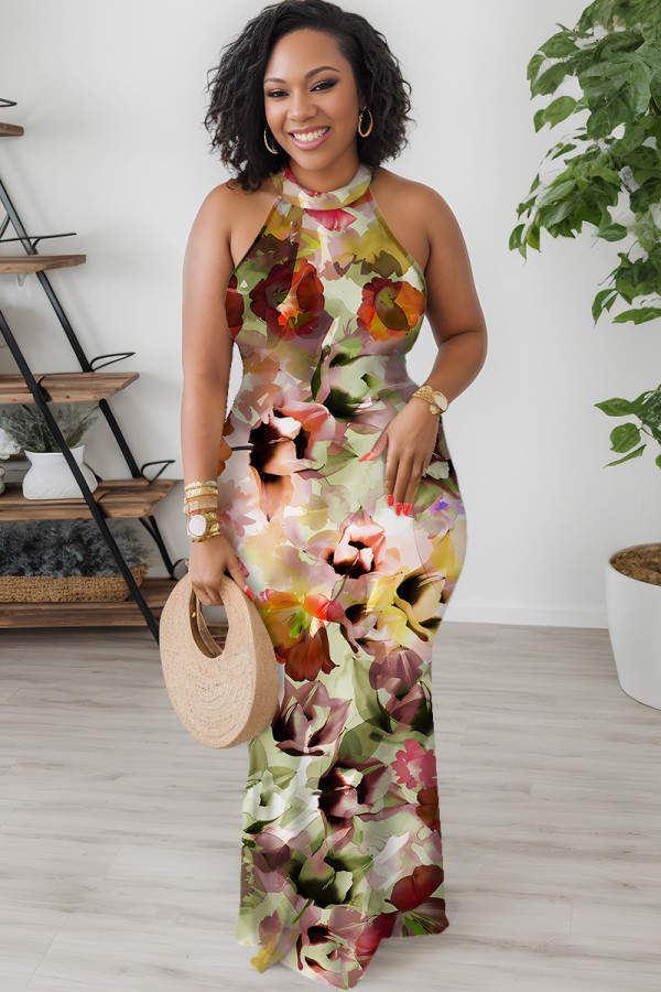 Multicolor Casual Floral Print Hollow Out O Neck Long Dresses