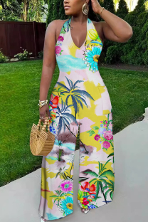 Multicolor Casual Floral Print Backless Halter Regular Jumpsuits