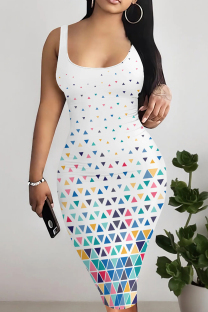 White Sexy Print Patchwork U Neck Wrapped Skirt Dresses