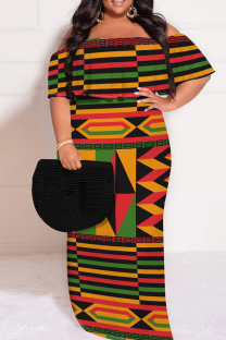 Multicolor Casual Print Patchwork Off Shoulder Long Plus Size Dresses