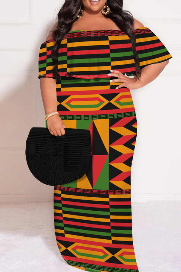 Multicolor Casual Print Patchwork Off Shoulder Long Plus Size Dresses