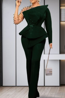 Ink Green Elegant Solid Color Patchwork See-Through Beading O Neck Long Sleeve Two Pieces