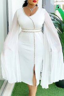 White Elegant Solid Color Patchwork High Slit Hot Drill Zipper O Neck Long Dresses