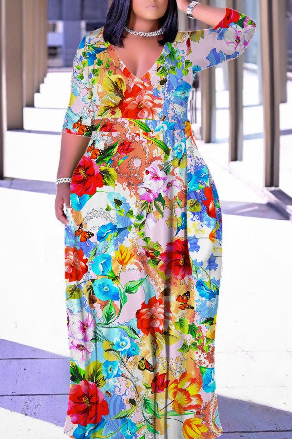 Powder Blue Casual Floral Print Belted V Neck Long Plus Size Dresses
