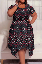 Grey Red Casual Print Patchwork O Neck Irregular Plus Size Dresses