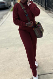 Burgundy Casual Letters Embroidered Pocket Lace Up Patchwork O Neck Long Sleeve Two Pieces