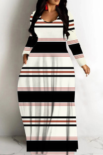 Apricot Casual Striped Print Basic V Neck Long Dresses