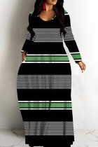 Black Green Casual Striped Print Basic V Neck Long Dresses