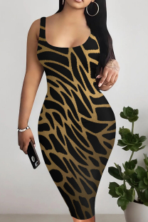 Black Gold Sexy Print Patchwork U Neck Wrapped Skirt Dresses