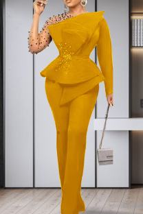 Yellow Elegant Solid Color Patchwork See-Through Beading O Neck Long Sleeve Two Pieces
