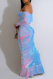 Blue Sexy Floral Print Stripe Contrast Off Shoulder Printed Dresses