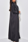 Black Street Patchwork Hot Drill Zipper Turndown Collar Long Dresses