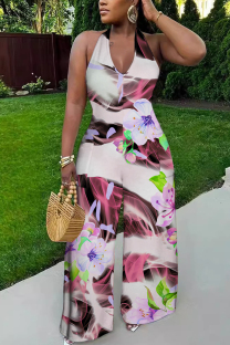 Pink Purple Casual Floral Print Backless Halter Regular Jumpsuits