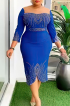 Blue Casual Patchwork Hot Drill O Neck Wrapped Skirt Dresses