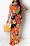 Multicolor Casual Floral Print Hollow Out O Neck Long Dresses