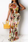 Multicolor Casual Floral Print Hollow Out O Neck Long Dresses