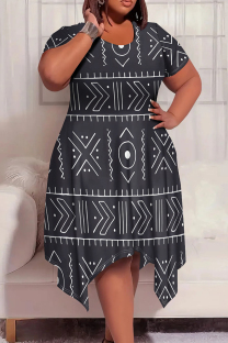 Gray White Casual Print Patchwork O Neck Irregular Plus Size Dresses