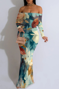 Blue Sexy Floral Print Stripe Contrast Off Shoulder Printed Dresses
