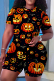 Orange Purple Casual Print Basic O Neck Short Sleeve Two Pieces