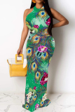 Multicolor Casual Floral Print Hollow Out O Neck Long Dresses