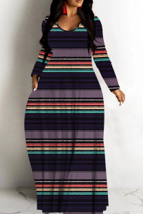 Purple Casual Striped Print Basic V Neck Long Dresses