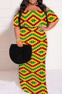 Yellow Red Casual Print Patchwork Off Shoulder Long Plus Size Dresses