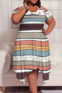 Gray Blue Casual Print Patchwork O Neck Irregular Plus Size Dresses