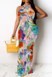 Multicolor Casual Floral Print Hollow Out O Neck Long Dresses