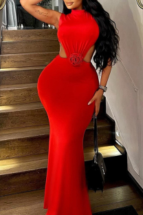 Red Elegant Solid Color Hollow Out Patchwork O Neck Long Dresses