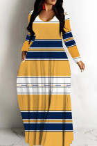 Orange Casual Striped Print Basic V Neck Long Dresses