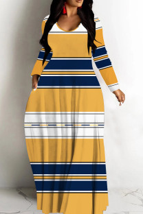 Orange Casual Striped Print Basic V Neck Long Dresses