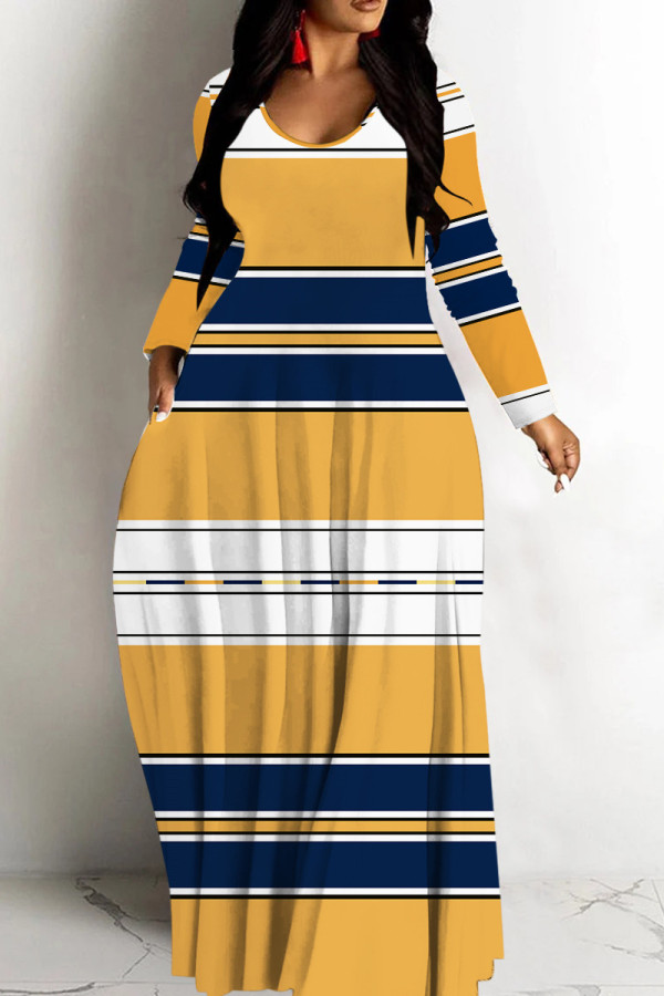 Orange Casual Striped Print Basic V Neck Long Dresses