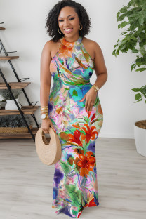 Pink Purple Casual Floral Print Hollow Out O Neck Long Dresses