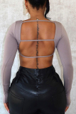 Brown Solid Color Patchwork U Neck Tops