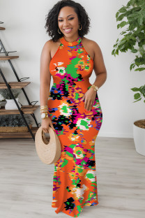 Orange Casual Floral Print Hollow Out O Neck Long Dresses