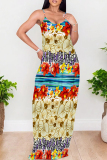 Multicolor Casual Floral Print Backless Spaghetti Strap Long Dresses