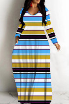 Yellow Blue Casual Striped Print Basic V Neck Long Dresses