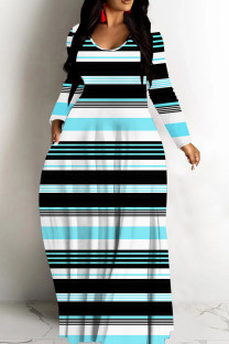 Blue Casual Striped Print Basic V Neck Long Dresses