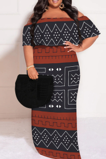 Grey Red Casual Print Patchwork Off Shoulder Long Plus Size Dresses