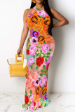 Multicolor Casual Floral Print Hollow Out O Neck Long Dresses