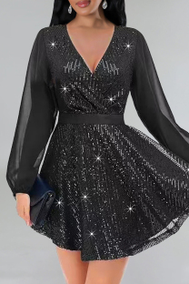 Black Sexy Solid Color Sequins Patchwork Strap Design V Neck Irregular Dresses