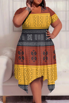 Red Yellow Casual Print Patchwork O Neck Irregular Plus Size Dresses