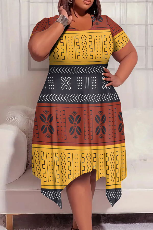 Red Yellow Casual Print Patchwork O Neck Irregular Plus Size Dresses