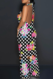 Multicolor Casual Floral Print Backless Halter Regular Jumpsuits