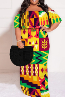 Green Yellow Casual Print Patchwork Off Shoulder Long Plus Size Dresses