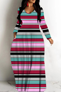 Lake Blue Casual Striped Print Basic V Neck Long Dresses