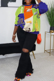 Black Casual Print Basic O Neck Tops
