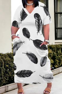 White Grey Casual Print Pocket Patchwork V Neck Straight Plus Size Dresses