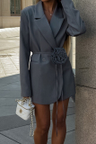 Grey Casual Solid Color Pocket Patchwork Flowers Turn-back Collar Outerwear