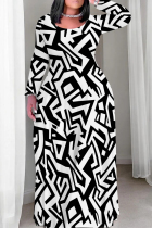 Black And White Casual Print Patchwork O Neck Straight Plus Size Dresses